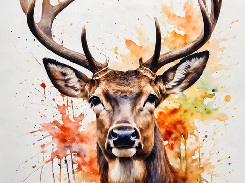 Portrait of a deer with watercolor splashes on a white background