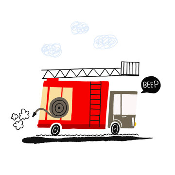 A simple children's illustration with a car. Poster with a fire truck rushing through the city to an emergency call. City illustration. Cute illustration on isolated background.