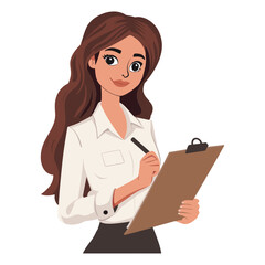 Young woman holding clipboard and writing. Vector illustration in cartoon style