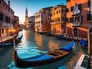 Fototapeta na wymiar Venetian Elegance: Traditional Wooden Gondola Gliding Through the Historic Canals Amid Ancient Architecture. generative AI