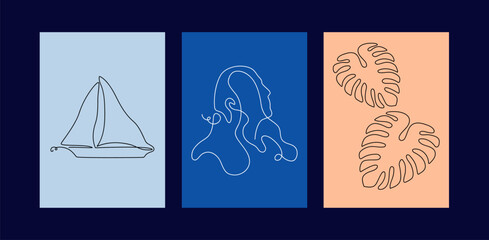 Set of summer rectangular posters in line art style blue peach with sailboat monstera woman