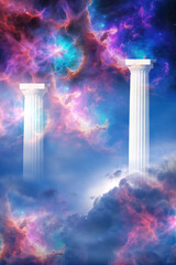 Obraz premium mystic fantasy background with two white columns or pillars, cloud with divine light and universe with galaxy, nebula and cosmic space