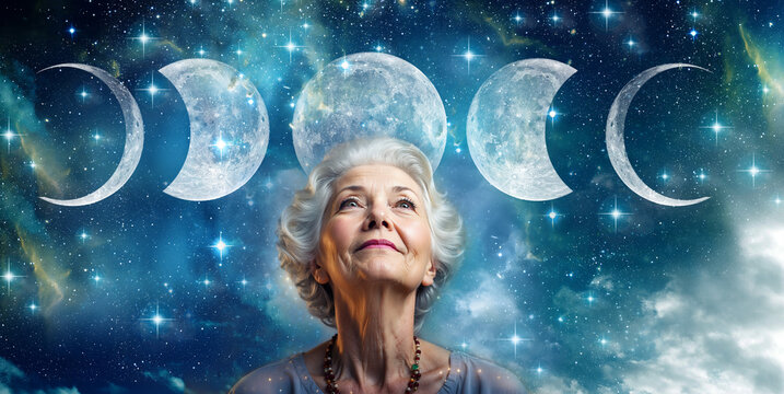 Lunar astrology concept with optimistic older woman looking up to Moon in its  various cycles 