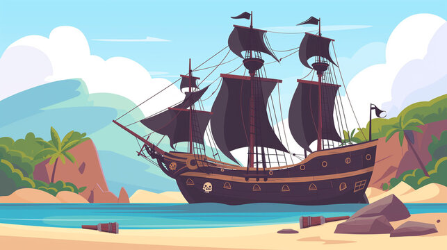 cartoon illustration of pirate ship in the sea near sand beach on a island with mountains and clear sky, Old battleship