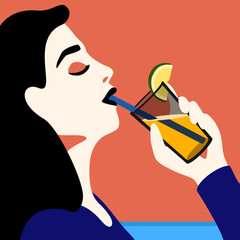 Young woman drinking cocktail apple juice on vacation vector minimalistic