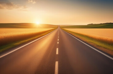 Fototapeta premium Road with marking in summer day. Empty asphalt texture close up. Panoramic skyline. Highway Valley. Beautiful curved roadway to horizon, blue sky, clouds. Road landscape. Mountain pass at sunset