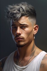 man undercut head hair style, man face, photo realism