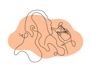 Adult woman drinks cocktail juice in one line style vector