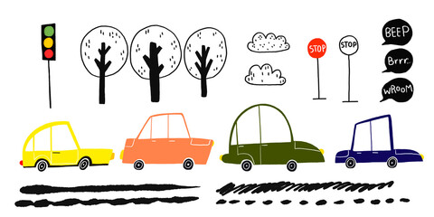 Naklejka premium Set of urban elements. Trees, road signs, clouds and passenger c