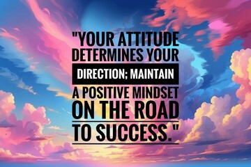 success quote "Your attitude determines your direction; maintain a positive mindset on the road to success." inspirational or motivational .on sunset sky background