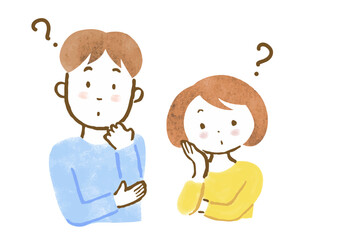 疑問を持つ男女の上半身手描きイラスト