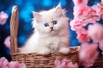 Cute white kitten in a basket among flowers on a bokeh background, spring background, Easter, Women's Day