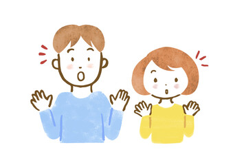 Fototapeta premium ビックリしている男女の上半身手描きイラスト