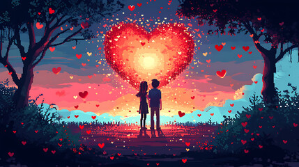 A couple in love at night looking at a bright rising heart, pixel style isolated on a white background