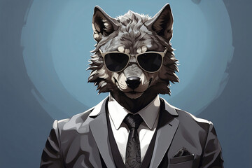 the wolf wears a neat suit and sunglasses