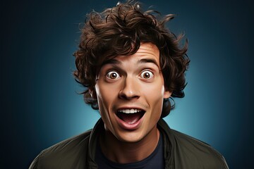  Photograph of the face of a young man with straight hair who is delighted and a bit surprised, on a simple blue background. 