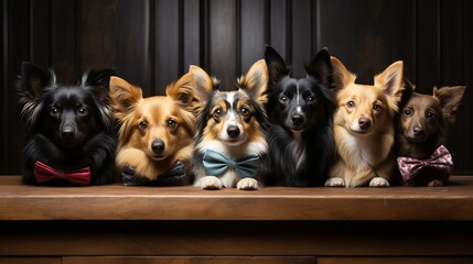 Welsh Corgis are sitting in a row, leaning their paws on the table, against the backdrop of a dark wall concept: pets, dog sales