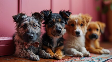 puppies of various breeds sit next to each other and look into the lens with a curious look concept: pets, dogs