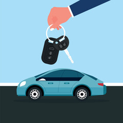 Dealer hand giving keys chain to a buyer hand. Buying or renting a car.