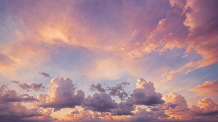 Abstract, soft-hued clouds of spring in a rainbow sky, matte painting style, against a watercolor background with an orange and purple sunset