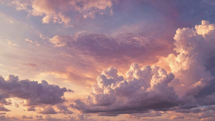 Abstract, soft-hued clouds of spring in a rainbow sky, matte painting style, against a watercolor...