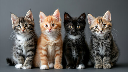 Kittens of different colors sitting next to each other on a gray background, minimalistic photo
