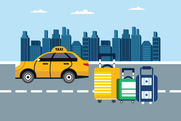 Yellow cab with driver and baggage in the city