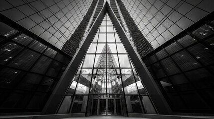 Black and white photograph of the interior of a high-rise building with mirrored glass walls and a view of symmetrical triangular structures. concept: architecture and building design