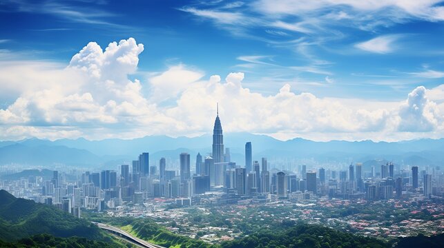 cityscape from Petronas Twin Towers, with park and cloudy blue sky in view.