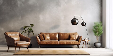 Modern interior with a spacious room hosting a leather sofa and armchair. - obrazy, fototapety, plakaty