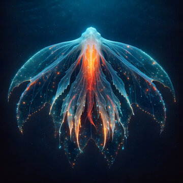 bioluminescent sea creature with a translucent body, called a Sea Angel, set against the dark backdrop of the ocean's abyss