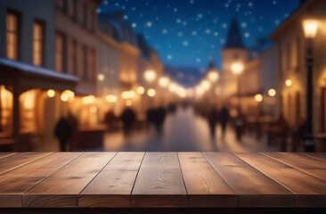 Wood table on twilight blurred city background. Building outside for display or montage mock up products. Wooden tabletop counter against blur bokeh winter town panorama. Plank floor, cityscape view