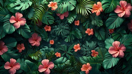 Top view lush floral intricate background with green leaves and flowers among nature, Generative AI.