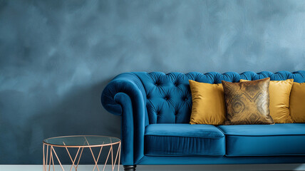velvet blue sofa with gold accent pillows against a textured teal wall. Regency style interior design of modern interior design of living room