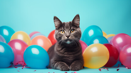 cute cat with balloons and confetti on a blue background with space for happy birthday