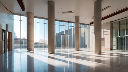 Spacious spacious bright hall with large glass windows, columns and reflection on the polished floor concept: business office, architecture design