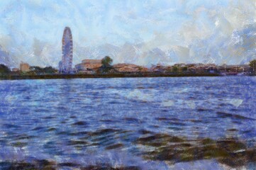 Landscape of the city along the big river Illustrations in chalk crayon colored pencils impressionist style paintings.