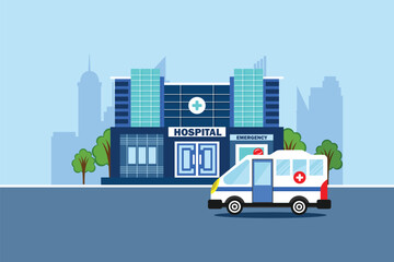 Medical hospital building exterior with city landscape and ambulance car