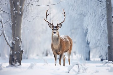 Snowy wonderland: stunning image of deer with colorful feathers amidst winter landscape