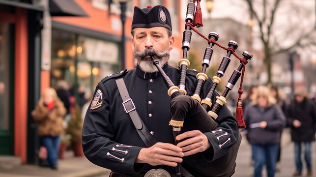 background in traditional national Scottish clothing and a celtic dress and a volleyball on the streets of the city concept: traditional clothing of the Scottish highlanders