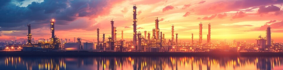 Fototapeta na wymiar Oil and natural gas refinery with storage tanks, oil production facilities or petrochemical plant infrastructure and oil demand price graph is a wide sign.