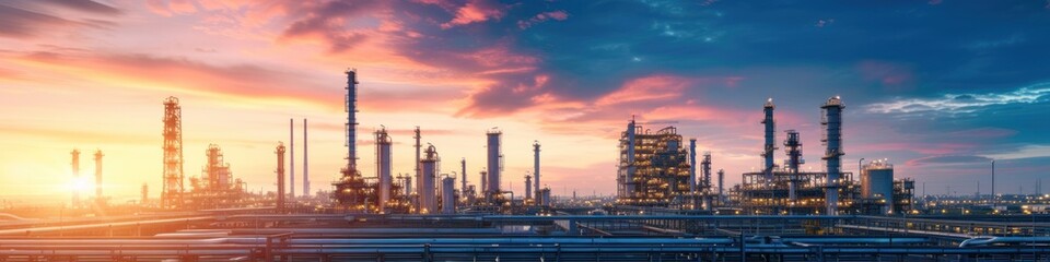 Oil and natural gas refinery with storage tanks, oil production facilities or petrochemical plant infrastructure and oil demand price graph is a wide sign. - obrazy, fototapety, plakaty