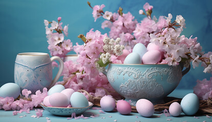 Easter eggs in porcelain tableware and flowers pastel colors with pink flowers and colorful eggs on the blue background, in the style of light teal and light emerald, serene mood, goosepunk, cottagepu