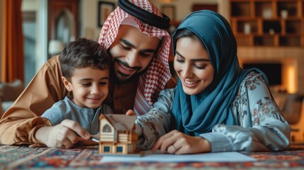 Cute Arab family making a contract to buy a house. There is a house model on the table. Along with the sales contract paper - obrazy, fototapety, plakaty