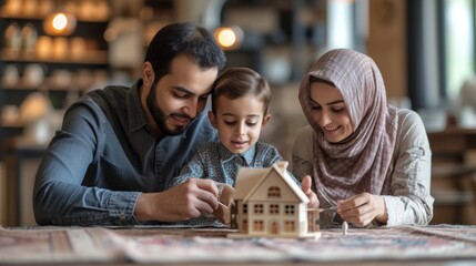 Cute Arab family making a contract to buy a house. There is a house model on the table. Along with the sales contract paper