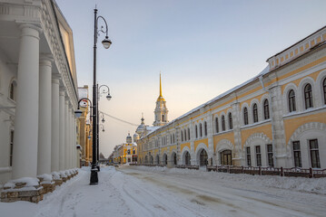 Winter evening on the Volga embankment. Rybinsk, Yaroslavl region, Russia