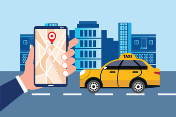 Taxi service. Taxi service application on the screen mobile. Online ordering taxi car. Smartphone screen with route and points location on a city map. Yellow car