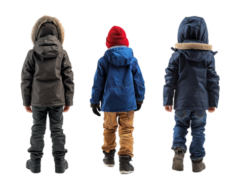 Back view of unrecognizable boys wearing winter warm jackets posing over isolated transparent background