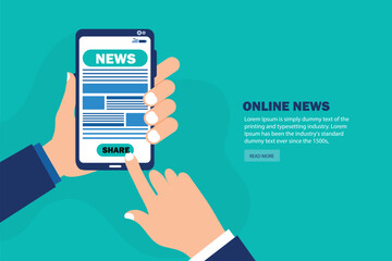 Flat design illustration of man hand holding mobile phone with online newsletter on screen