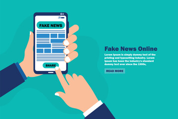 Hand holding smartphone reading fake news on mobile screen in flat design - obrazy, fototapety, plakaty